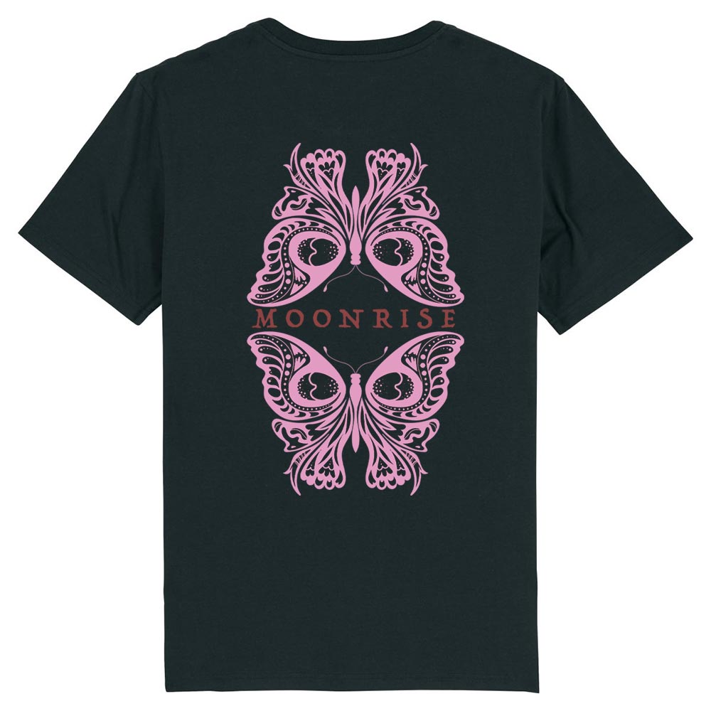 Ladies black western tees back Moonrise Butterfly