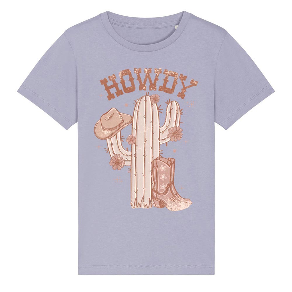Kids lavender western tees front Howdy
