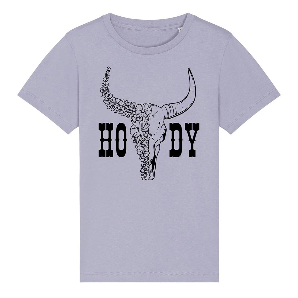 Kids lavender western tees front Howdy Skull