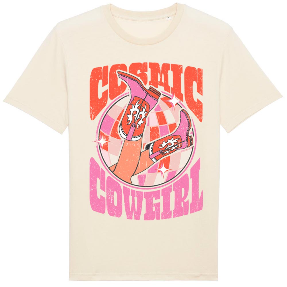 Ladies off-white western tees front Cosmic Cowgirl