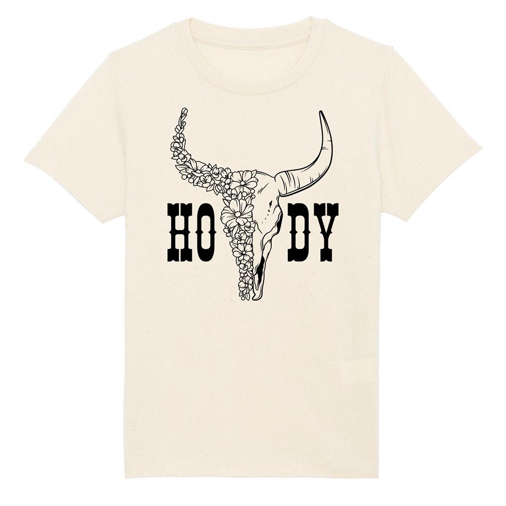 Kids offwhite western tees front Howdy Skull
