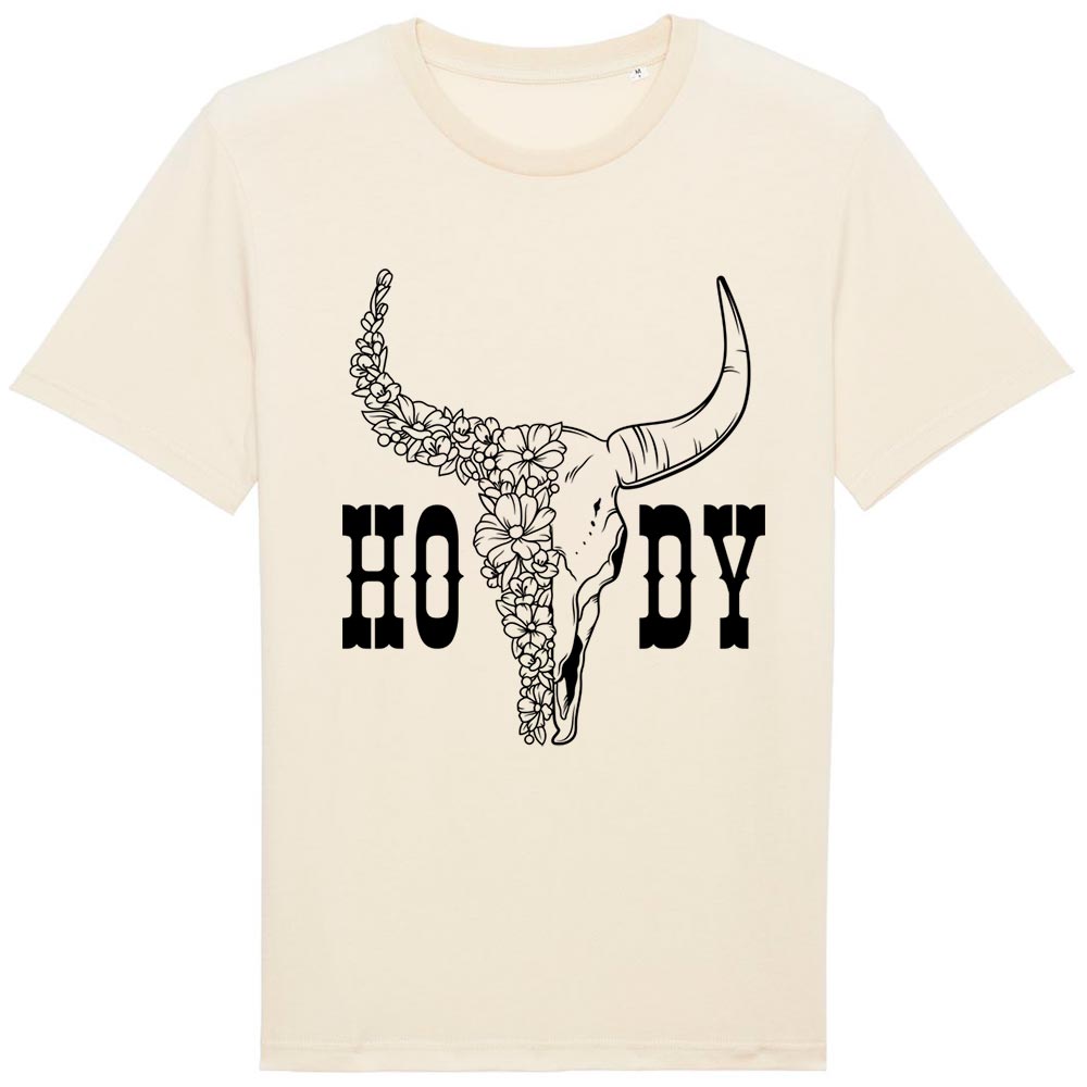 Ladies off white western tees front Howdy Skull