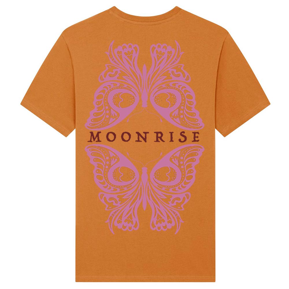 Ladies orange western tees back Moonrise Butterfly