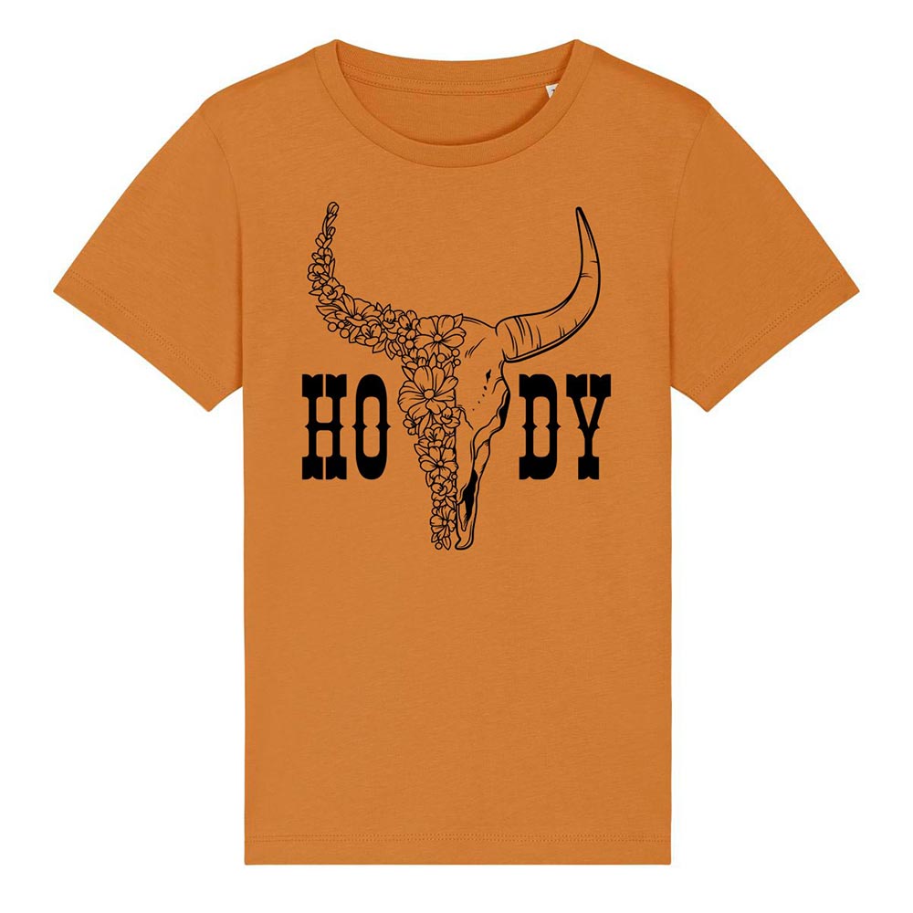 Kids orange western tees front Howdy Skull