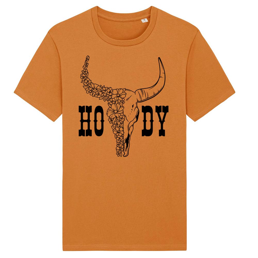 Ladies orange western tees front Howdy Skull