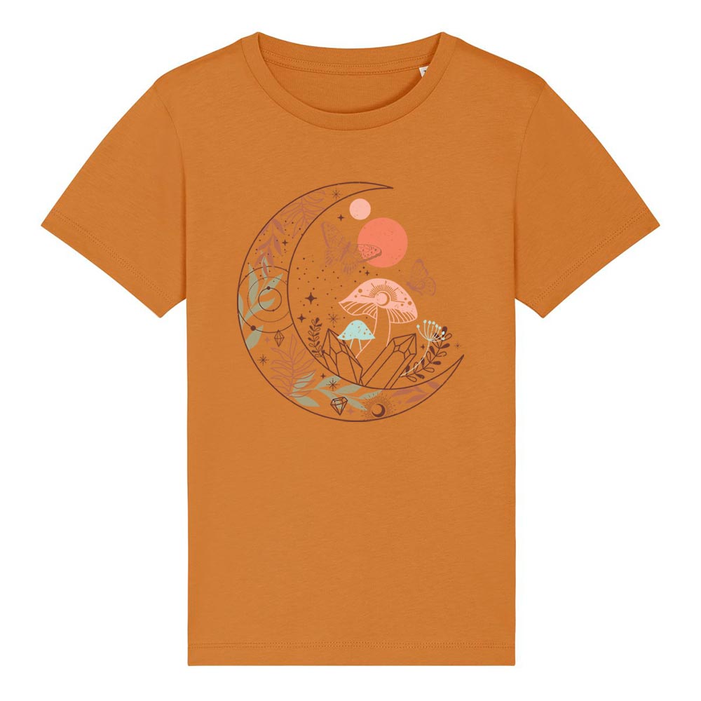 Kids orange western tees front Moon