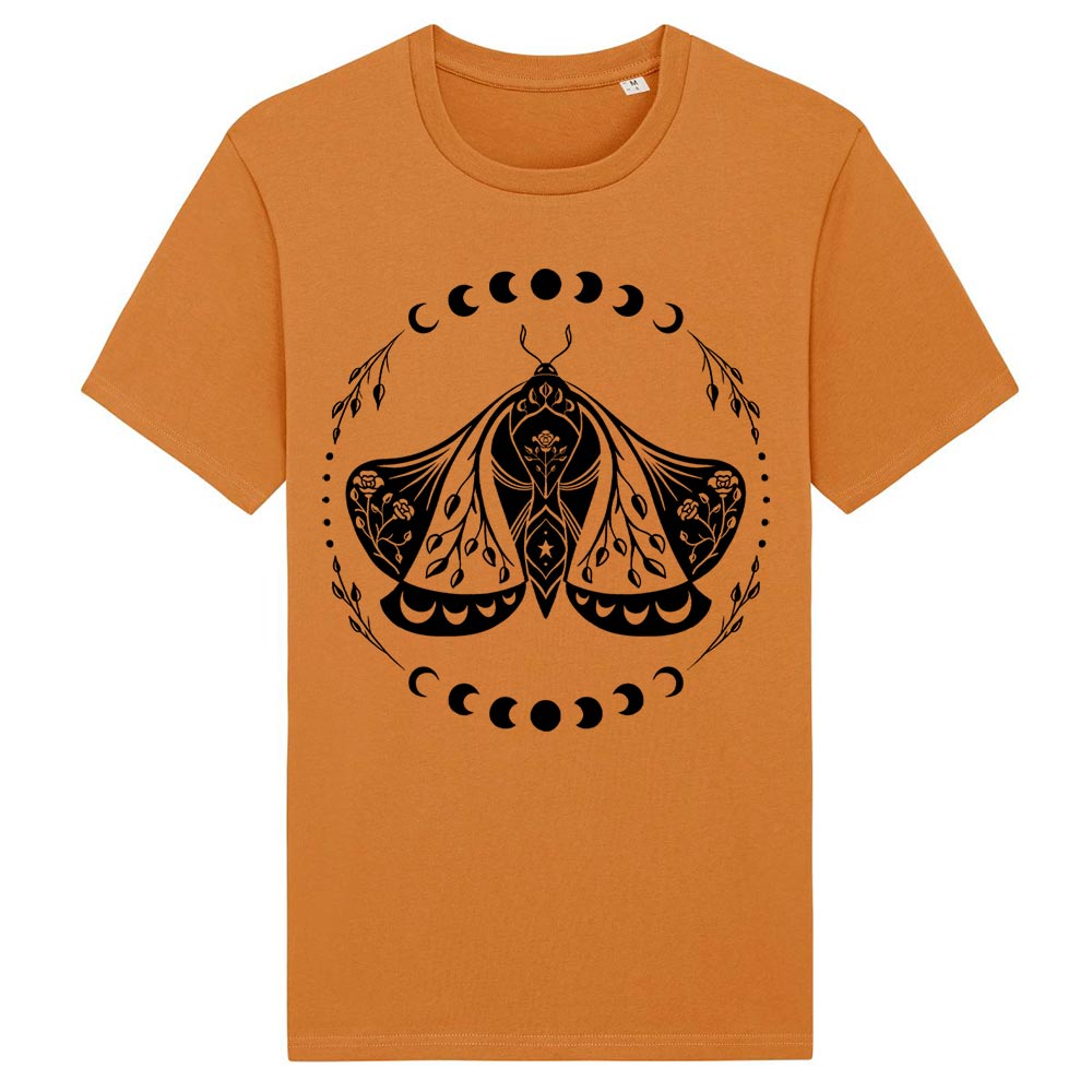 Ladies orange western tees front Moonphase Moth