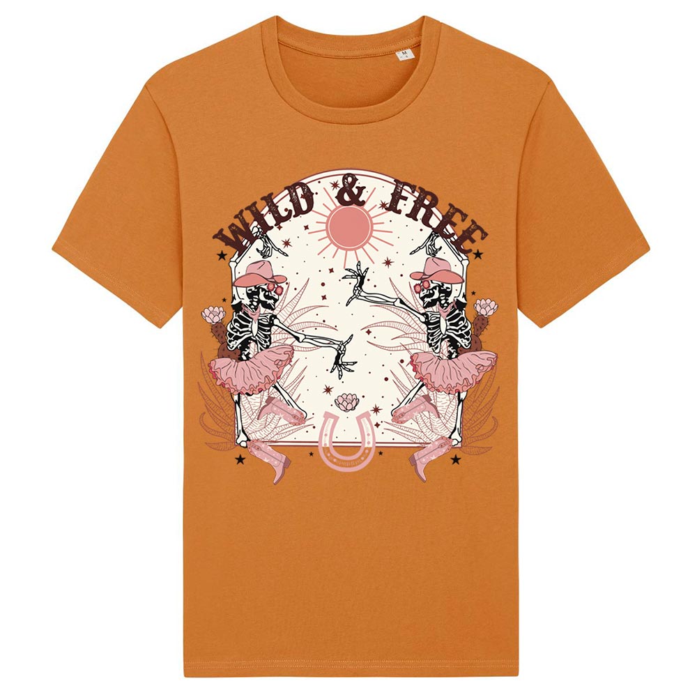 Ladies orange western tees front Wild & Free