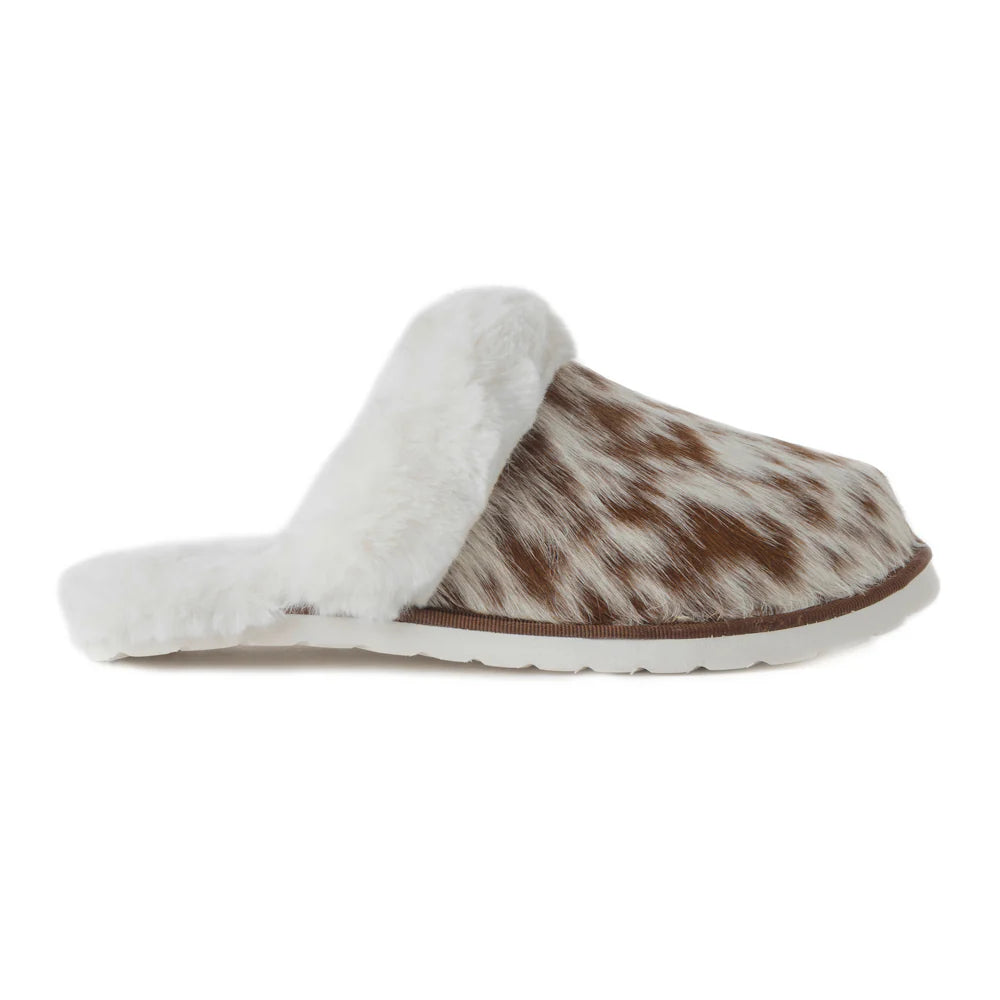 Alamosa Hair-on Hide Lined Slippers in Brown & White