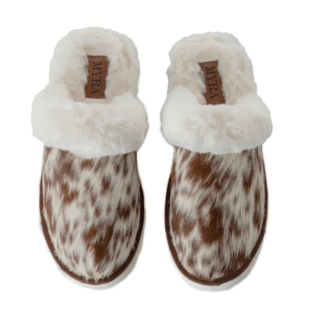 Alamosa Hair-on Hide Lined Slippers in Brown & White