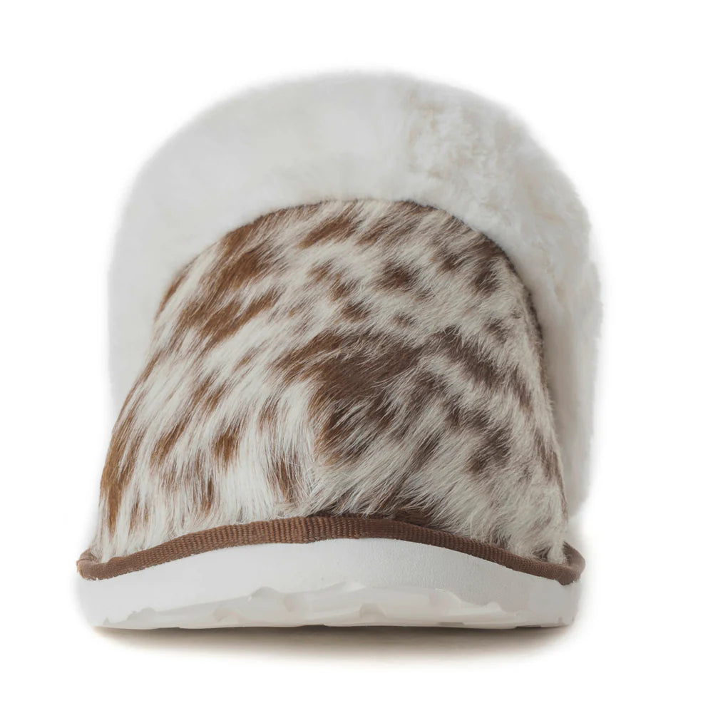 Alamosa Hair-on Hide Lined Slippers in Brown & White