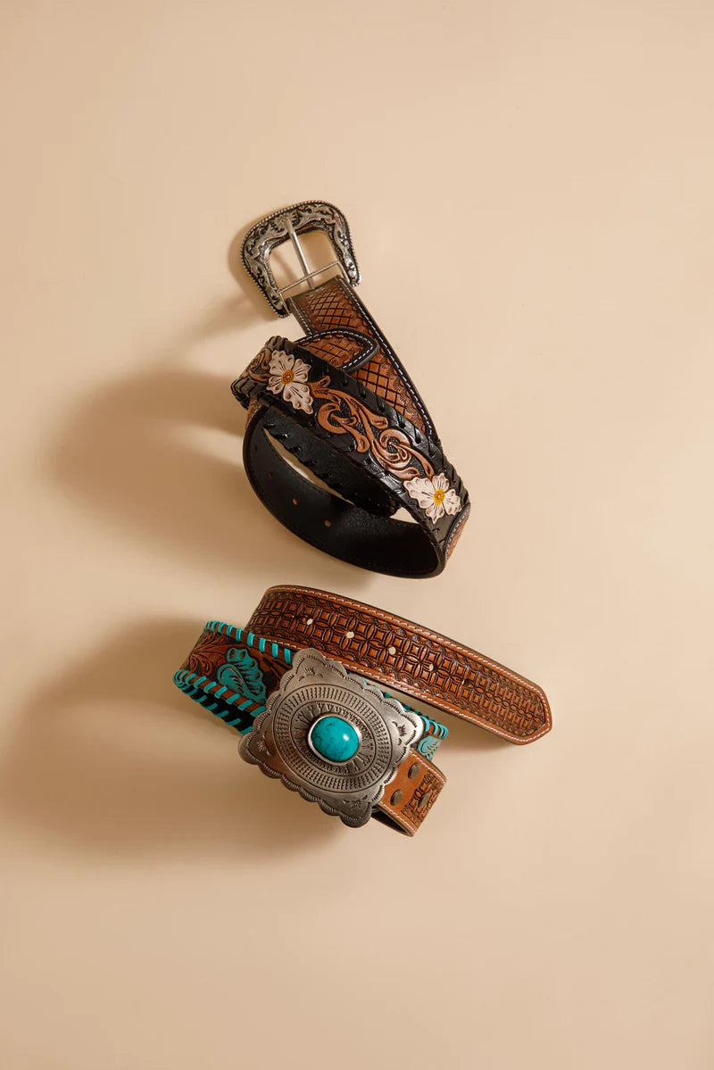 Cinturón de piel labrada a mano con diseño de selva tropical Myra Bag