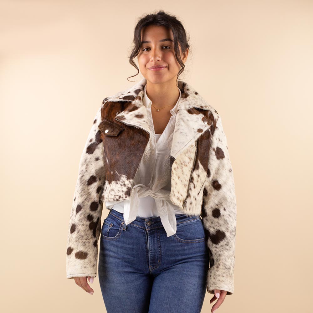 Cow print leather biker jacket Bella