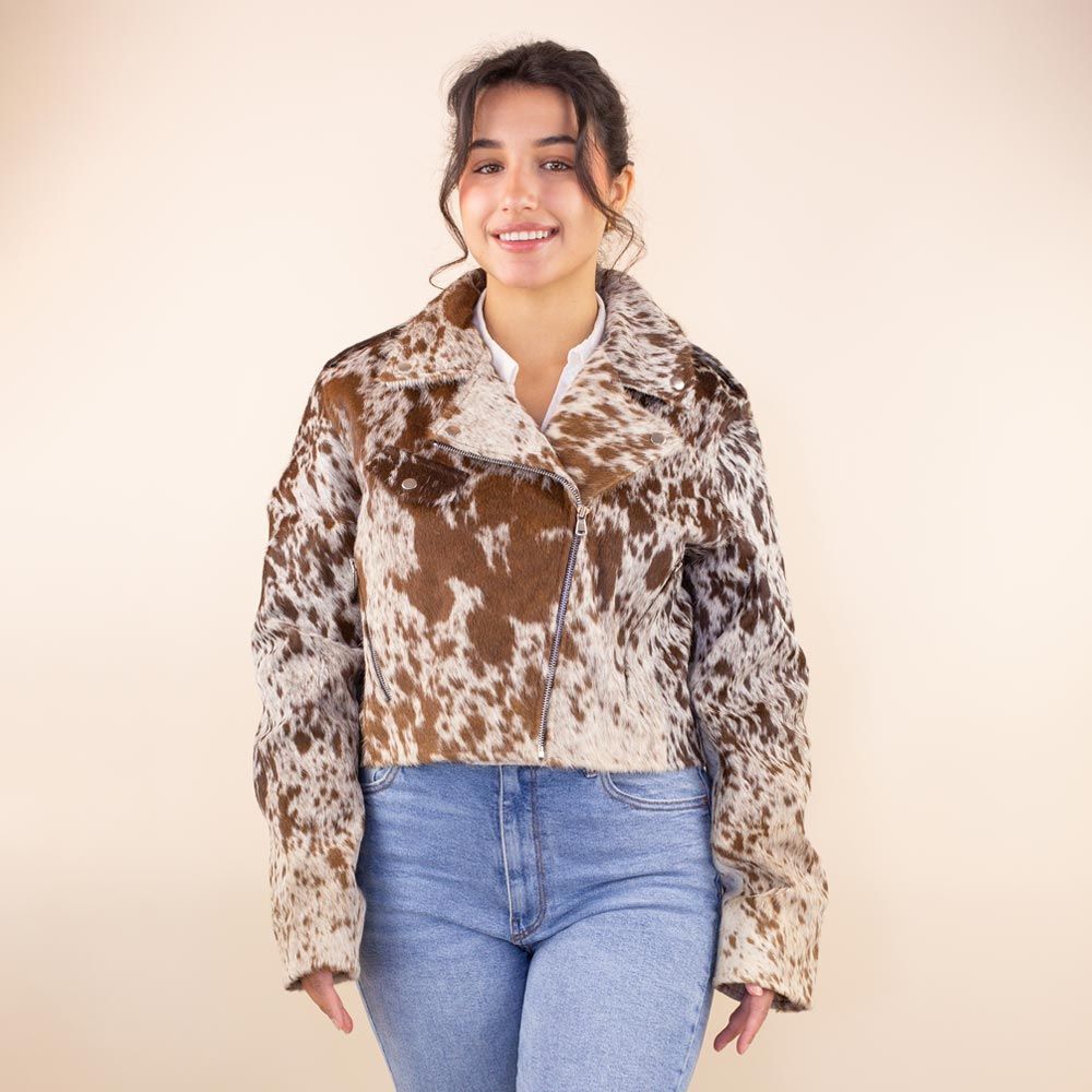 Cow print leather biker jacket Zazzy