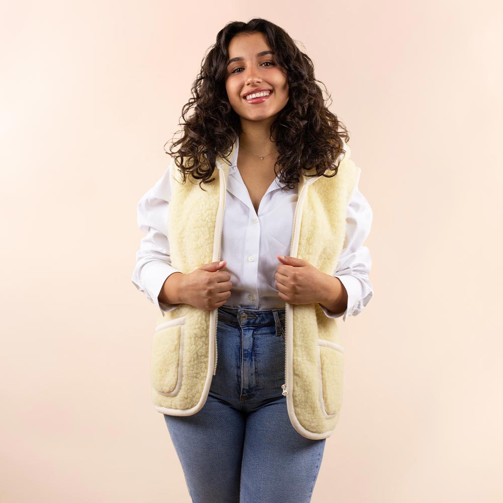 Wollen dames vest beige met capuchon