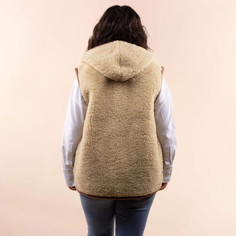 Wollen dames vest lichtbruin met capuchon