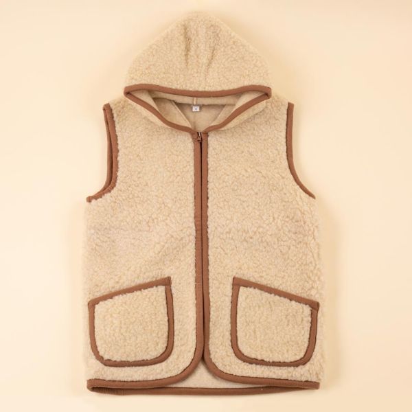 Wollen dames vest lichtbruin met capuchon