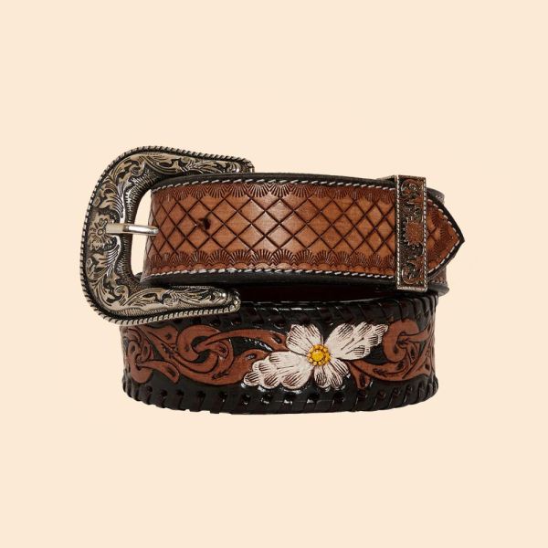 Myra Bag Checkered Brown Hand-Tooled Leather Flower Belt
