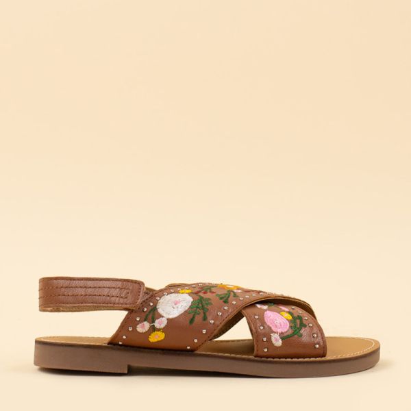 Myra Bag Lilytrail Flower Embroidered Leather Sandals in Tan