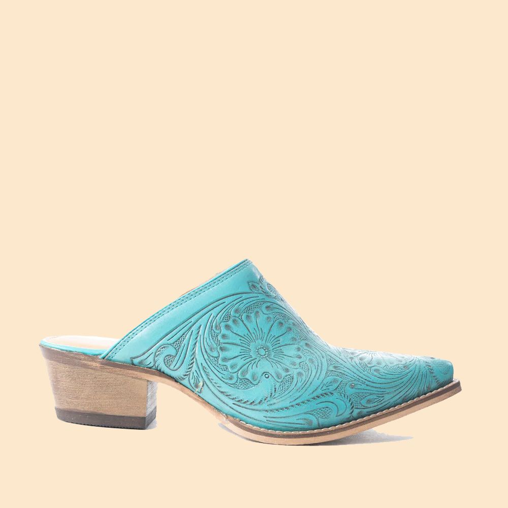 Myra Bag Valeria Hand-tooled Mules Turquoise