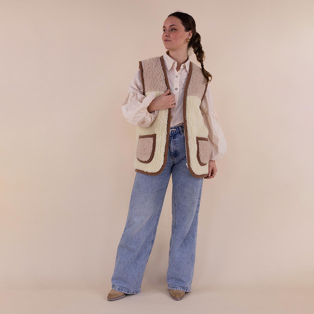 Women's wool bodywarmer beige - brown zipper