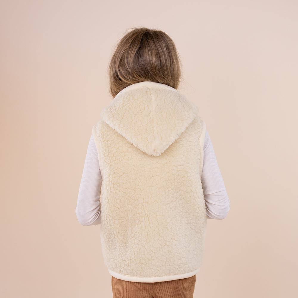 Kids vest wool beige hooded - zipper