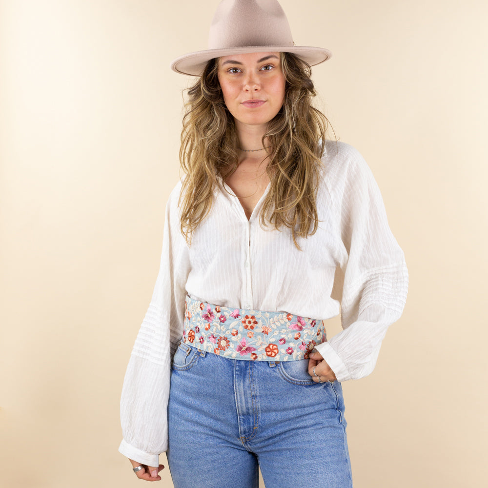 Belt blue - pink flowers